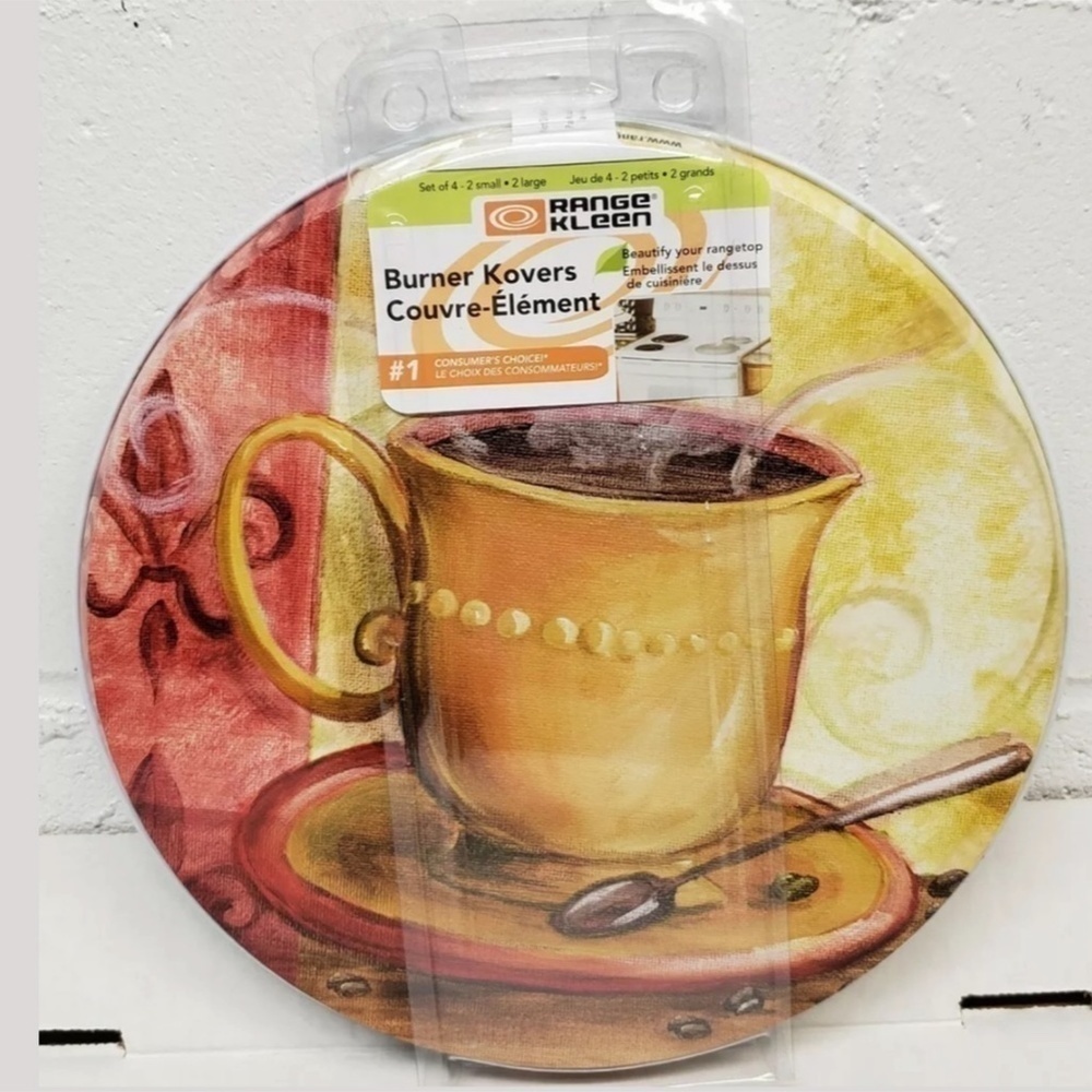 Stove Range Covers Coffee Themed Metal Round Set of 4 Gold Multicolor - Picture 2 of 14